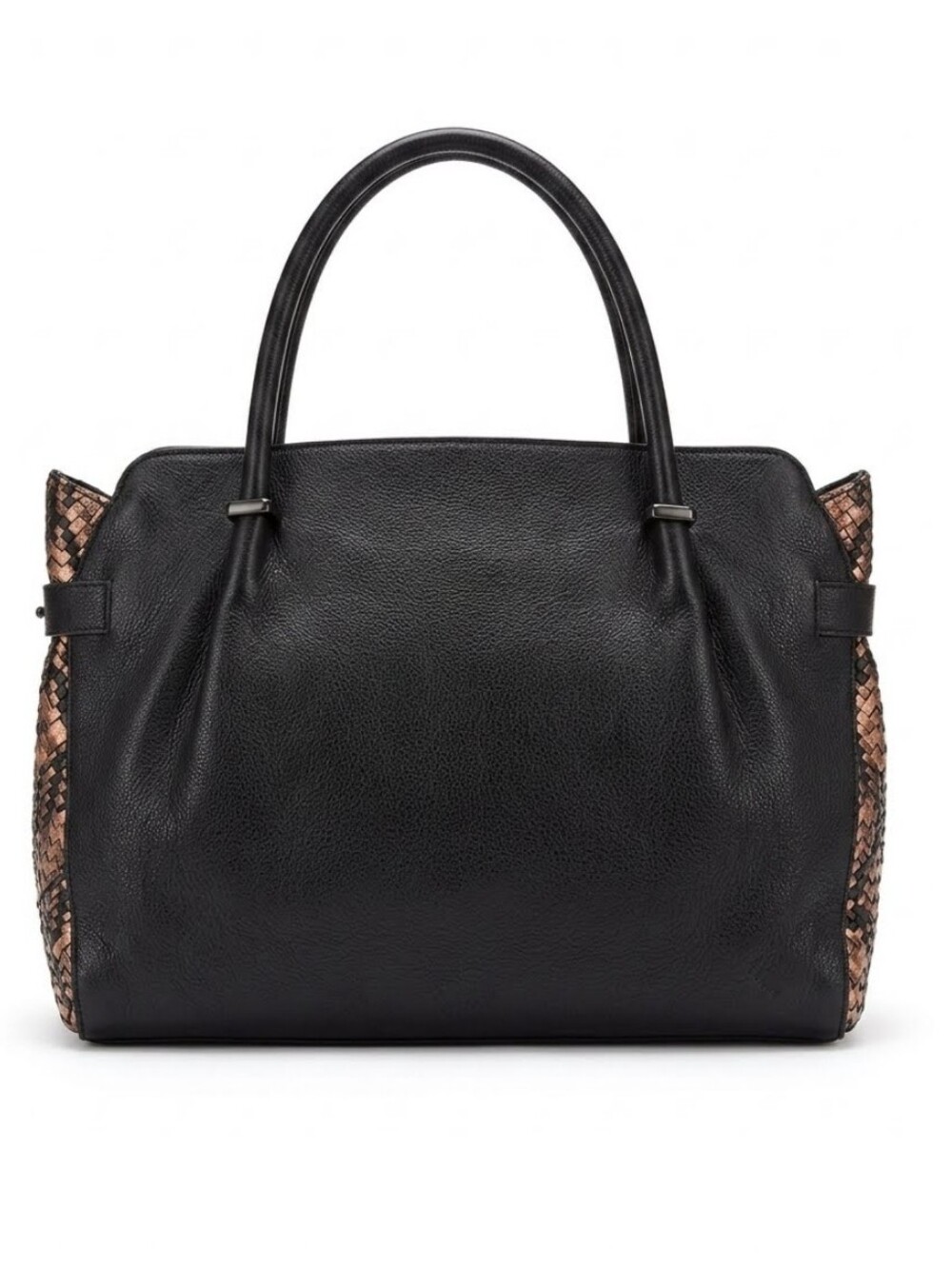 Elliott Lucca Black Leather Tote Bag with Woven Metallic Side Accents